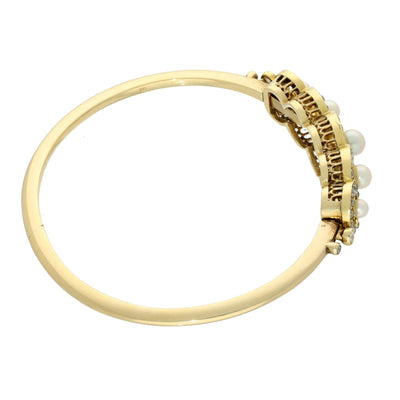 Antique 18ct Yellow Gold Old Cut Diamond & Seed Pearl Bangle Bracelet