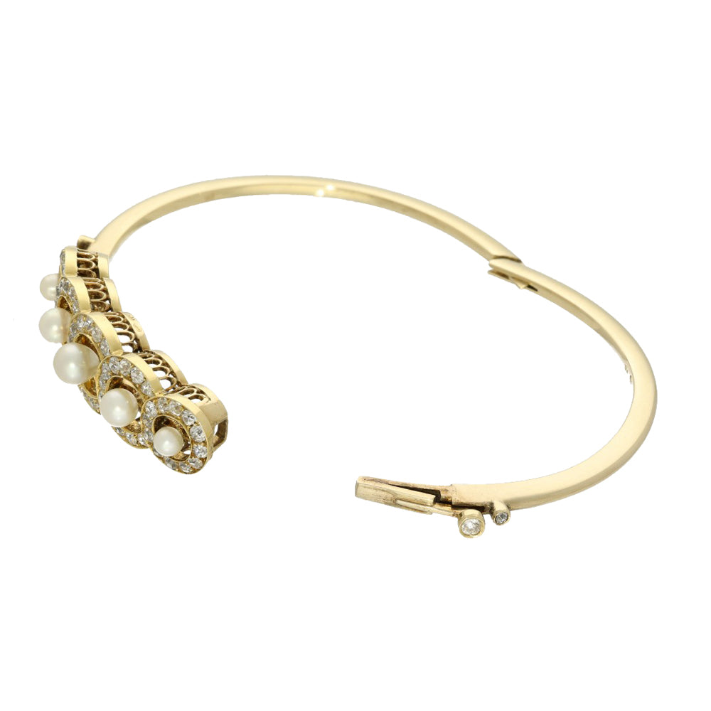 Antique 18ct Yellow Gold Old Cut Diamond & Seed Pearl Bangle Bracelet
