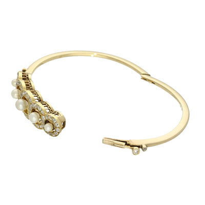 Antique 18ct Yellow Gold Old Cut Diamond & Seed Pearl Bangle Bracelet