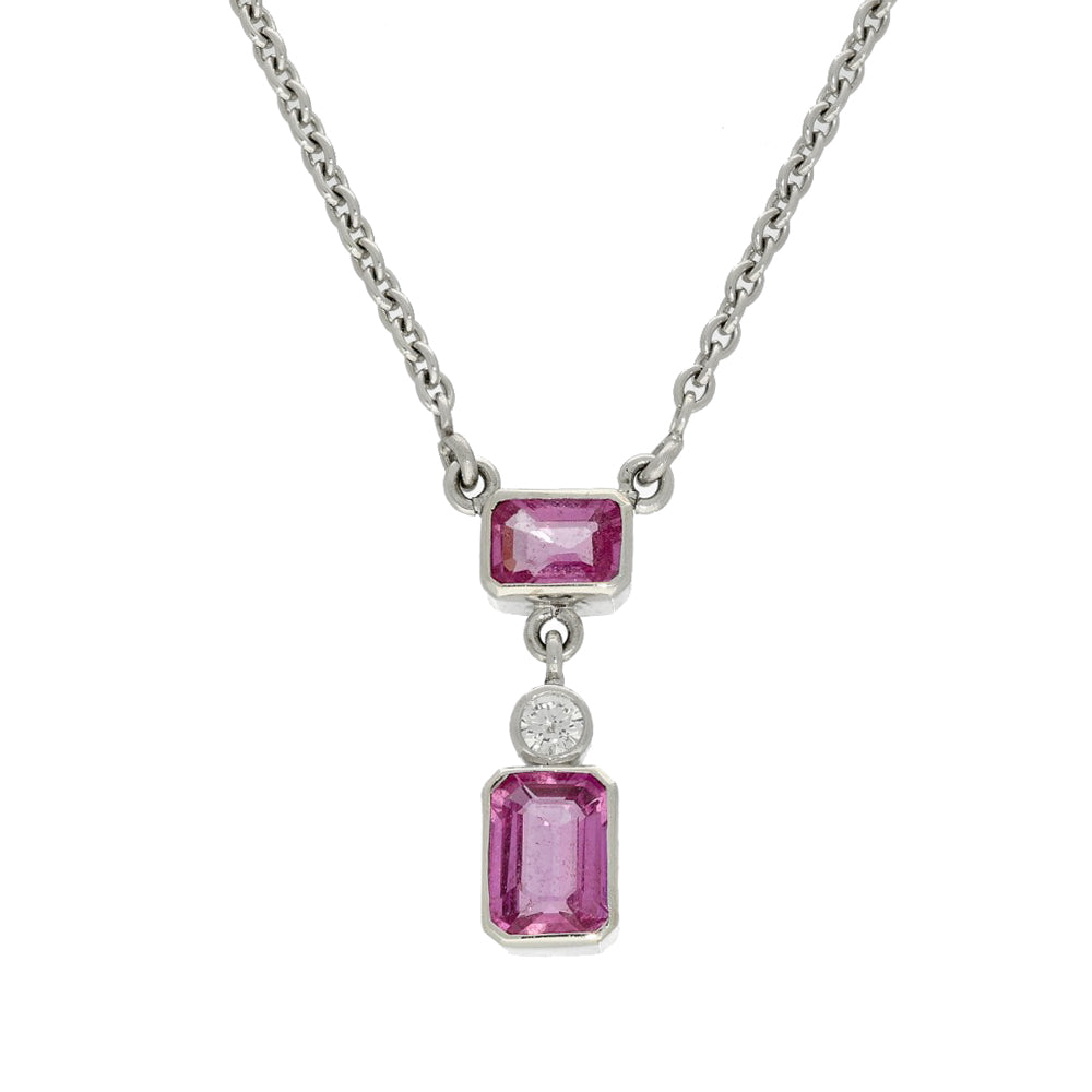 Pre-owned 18ct White Gold Pink Sapphire & Diamond Double Drop Necklace