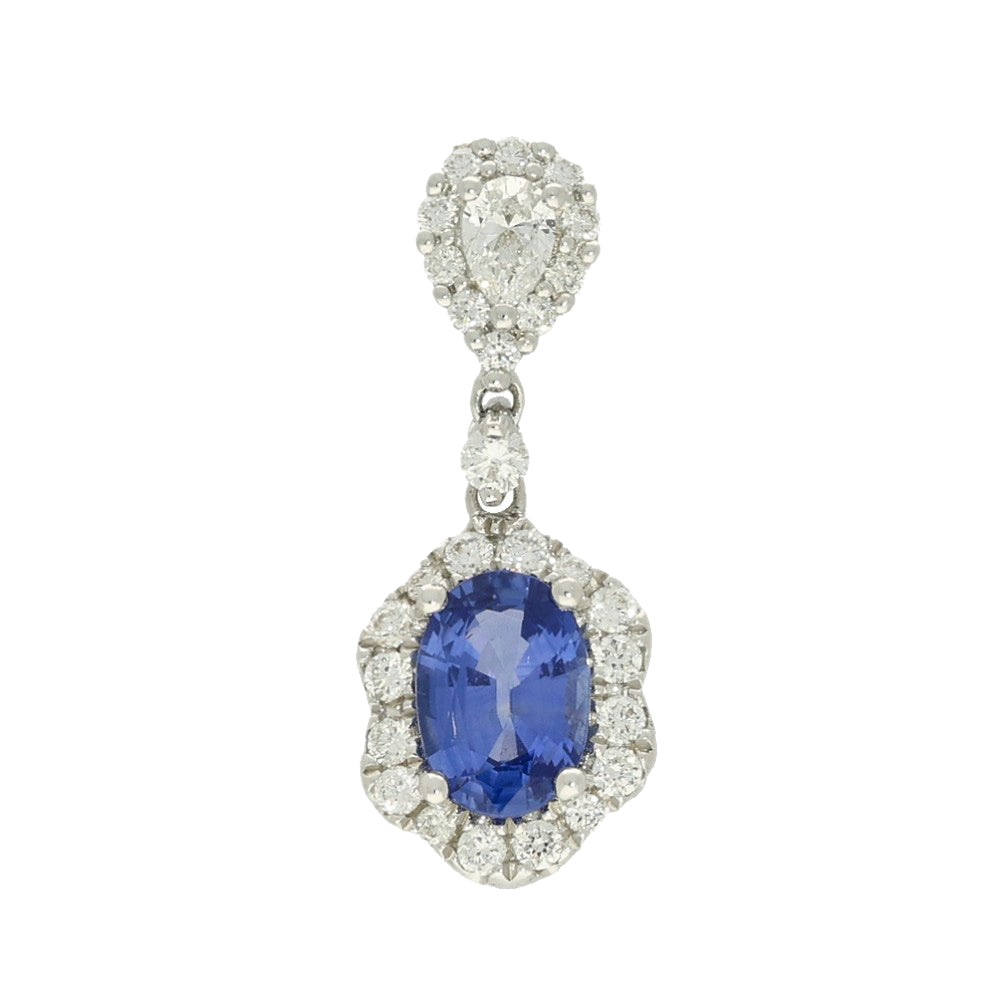 18ct White Gold Sapphire & Diamond Oval Halo Double Drop Pendant