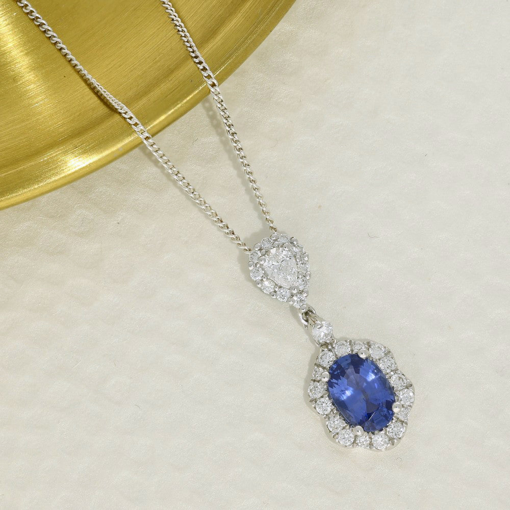18ct White Gold Sapphire & Diamond Oval Halo Double Drop Pendant