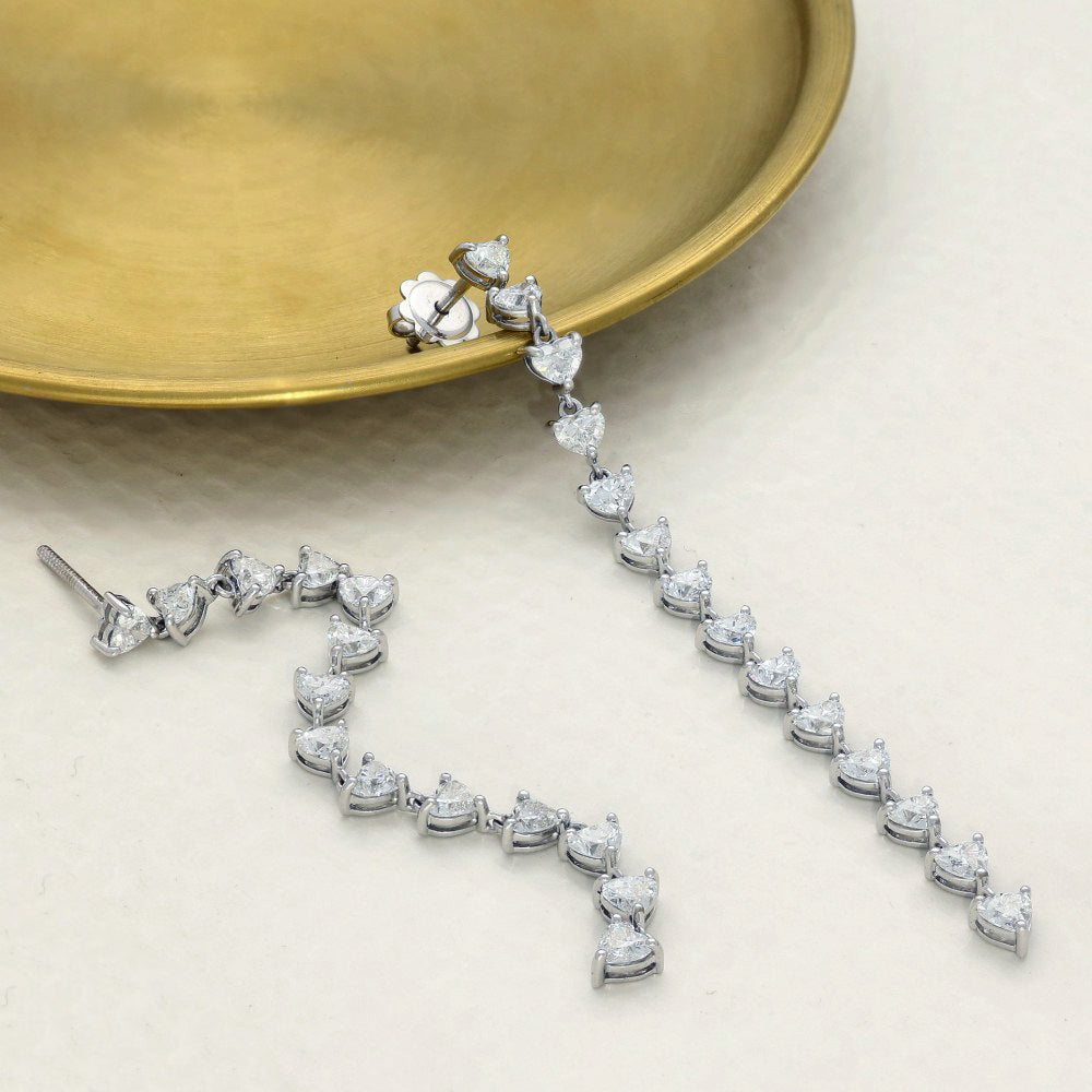 18ct White Gold 5ct Heart Cut Diamond Long Drop Earrings