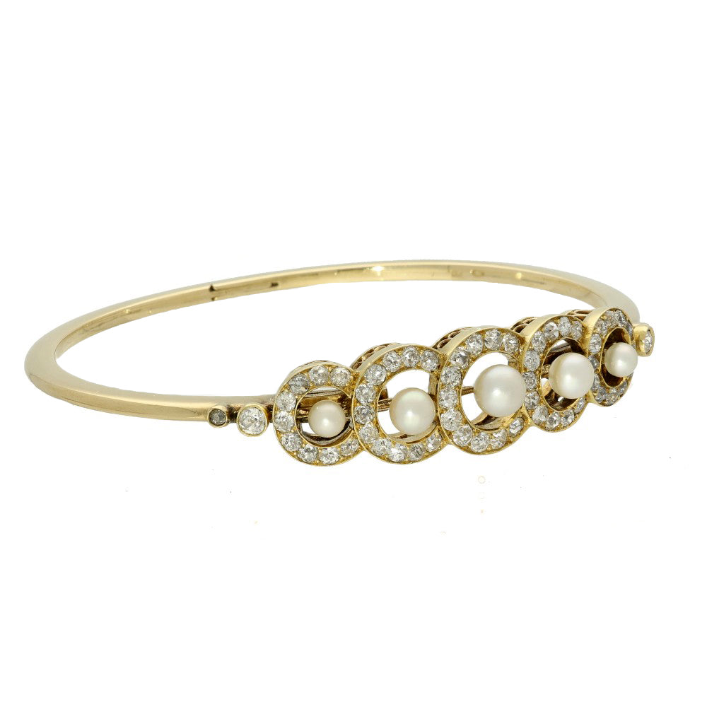 Antique 18ct Yellow Gold Old Cut Diamond & Seed Pearl Bangle Bracelet