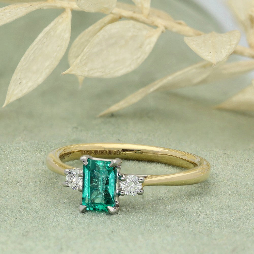 18ct Yellow Gold Emerald and Diamond Trilogy Ring