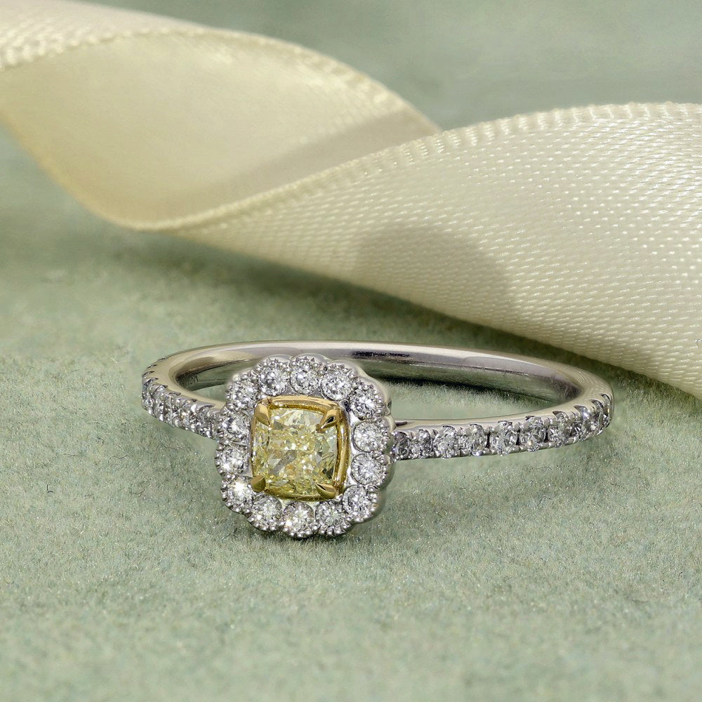 Platinum Natural Fancy Yellow & White Diamond Halo Ring