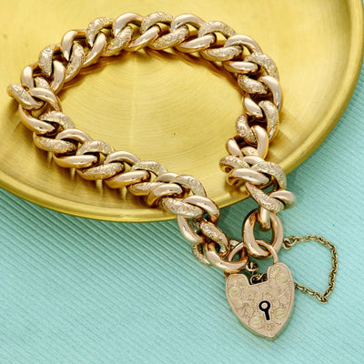 Vintage 9ct Rose Gold Curb Bracelet with Heart Padlock Clasp