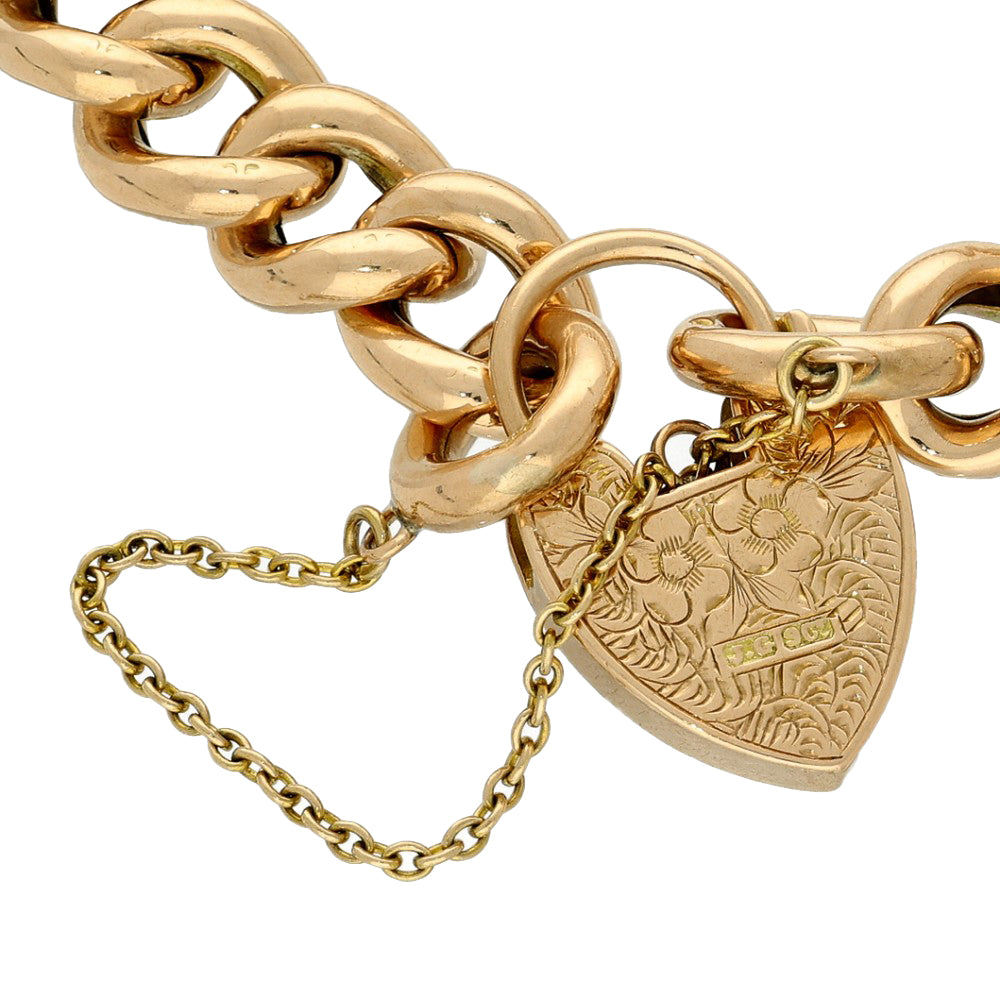 Vintage 9ct Rose Gold Curb Bracelet with Heart Padlock Clasp