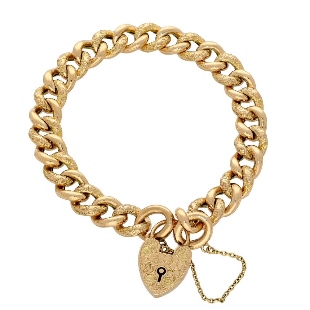 Vintage 9ct Rose Gold Curb Bracelet with Heart Padlock Clasp