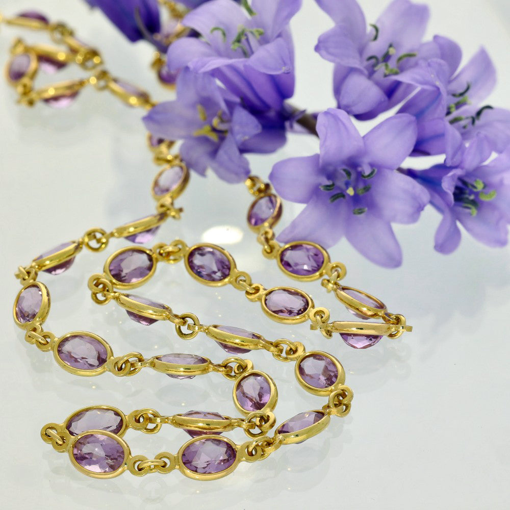 Pre-owned 18ct Yellow Gold Amethyst Yard Necklace Bezel Setting 20 Inch