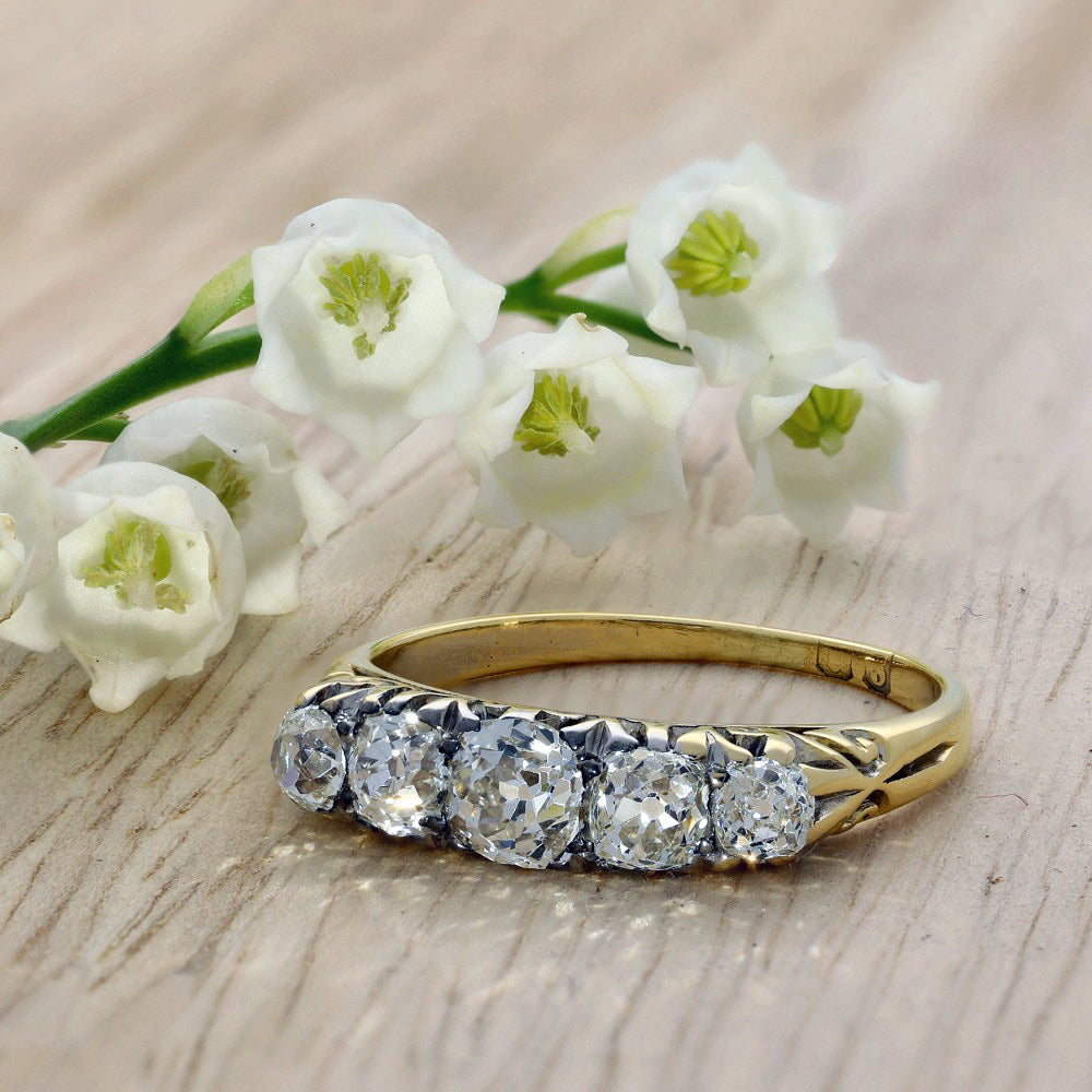 Antique 18ct Yellow Gold Old Cut Diamond Vintage 5 Stone Ring