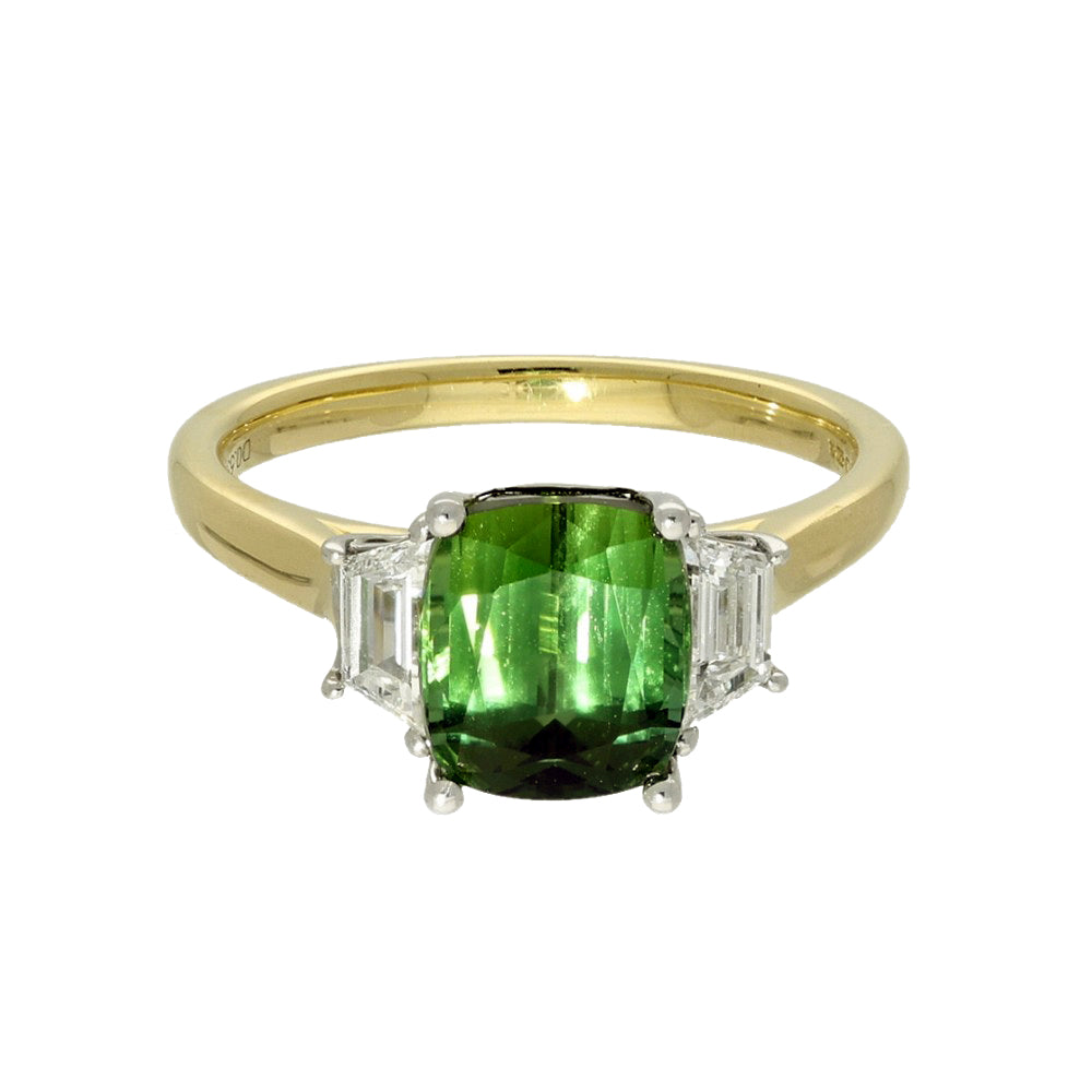 18ct Yellow Gold Green Tourmaline & Trapezoid Diamond Shoulders Trilogy Ring