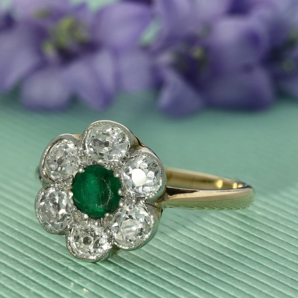 Vintage 9ct Yellow Gold Emerald and Old Cut Diamond Ring