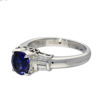 Platinum Sapphire and Baguette Diamond Ring
