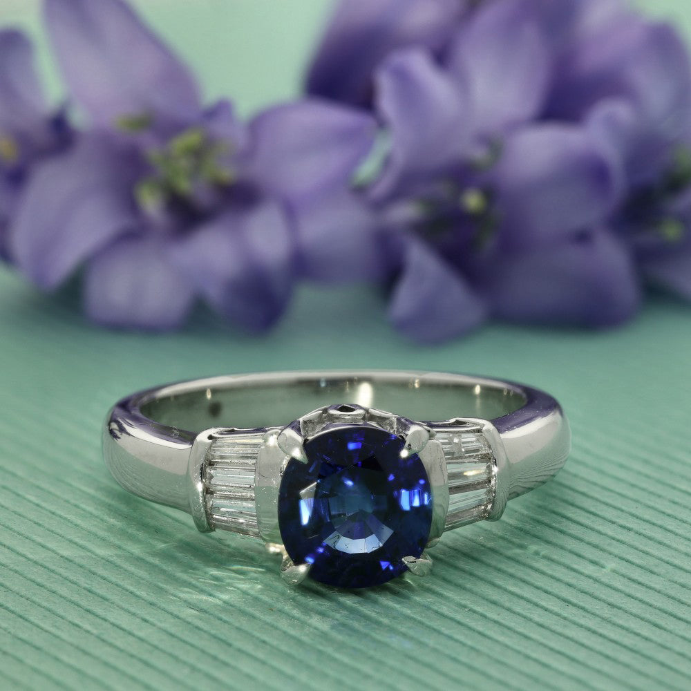Platinum Sapphire and Baguette Diamond Ring