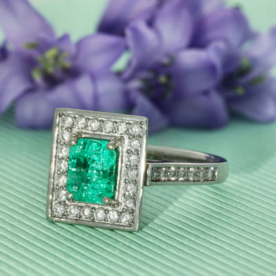 Platinum Emerald & Diamond Square Halo Cocktail Ring