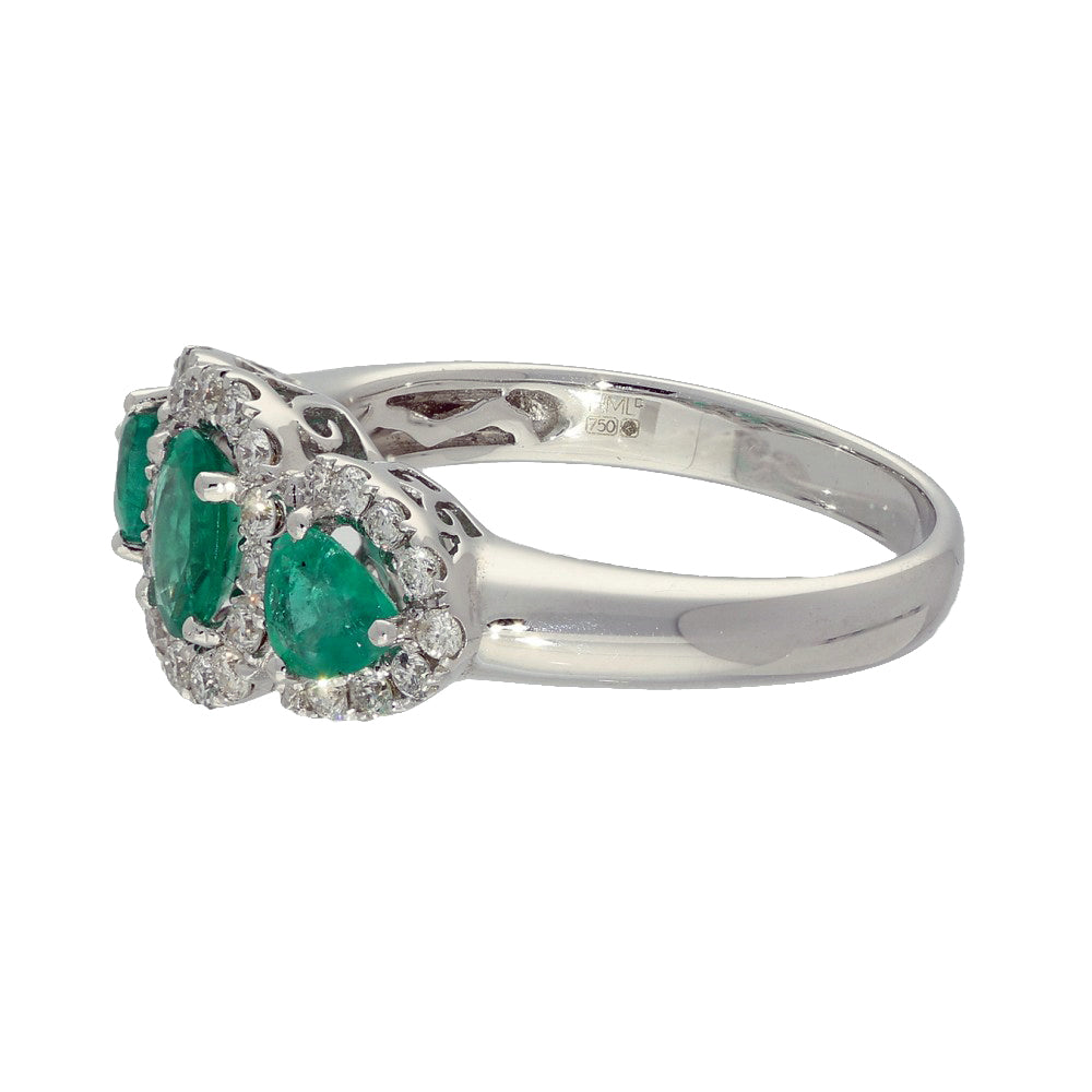 18ct White Gold Emerald & Diamond Trilogy Cluster Ring