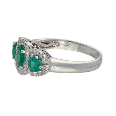 18ct White Gold Emerald & Diamond Trilogy Cluster Ring