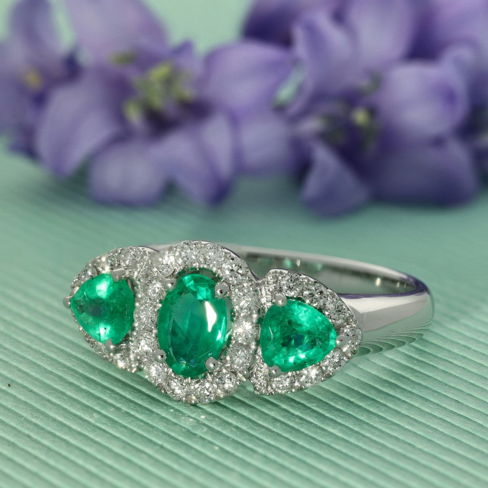 18ct White Gold Emerald & Diamond Trilogy Cluster Ring