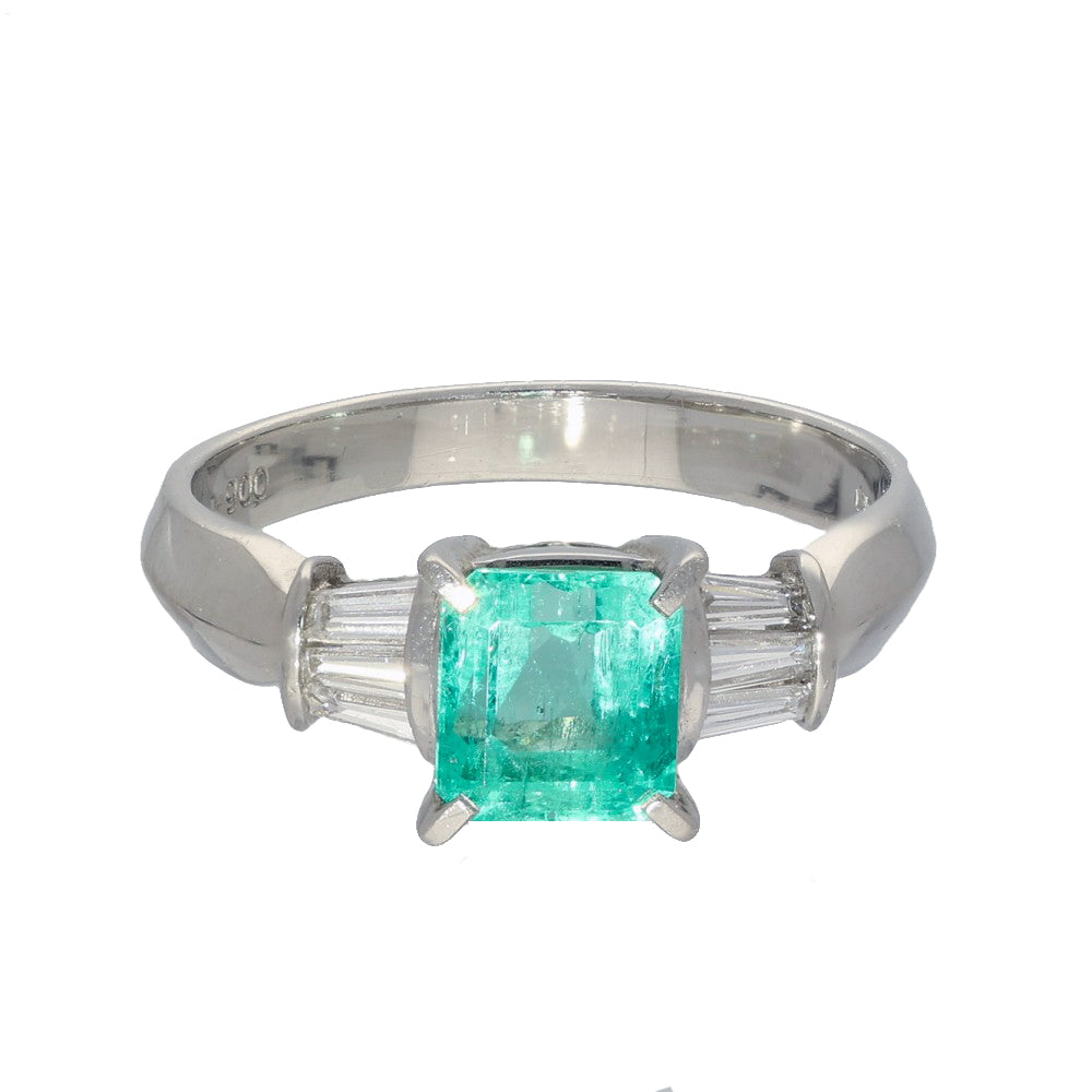 Platinum Emerald & Baguette Diamond Ring