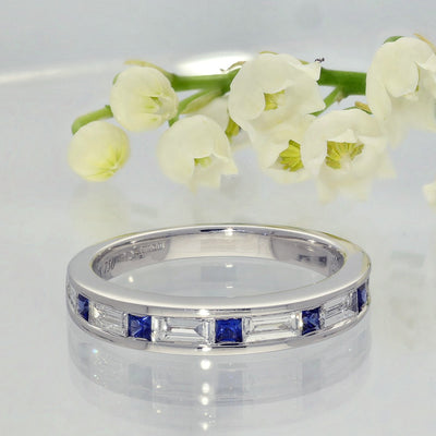 18ct White Gold Sapphire & Baguette Cut Diamond Half Eternity Ring