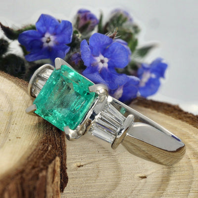 Platinum Emerald & Baguette Diamond Ring