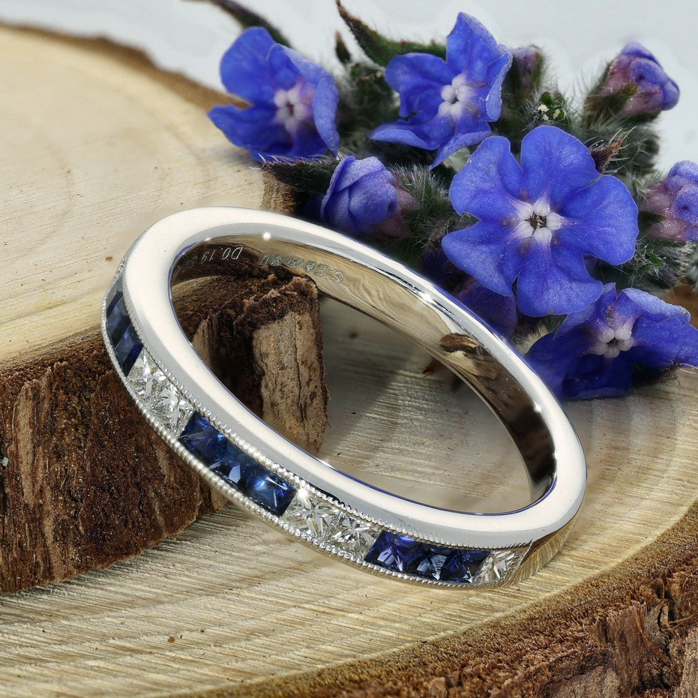 Platinum Sapphire & Princess Cut Diamond Half Eternity Ring