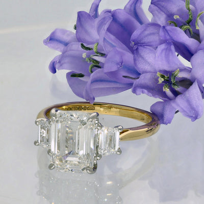 18ct Yellow Gold Laboratory-Grown Diamond 3ct Emerald with Trapezoid Cuts Trilogy Ring
