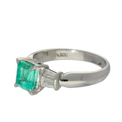 Platinum Emerald & Baguette Diamond Ring