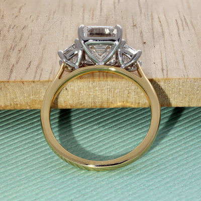 18ct Yellow Gold Laboratory-Grown Diamond 3ct Emerald with Trapezoid Cuts Trilogy Ring