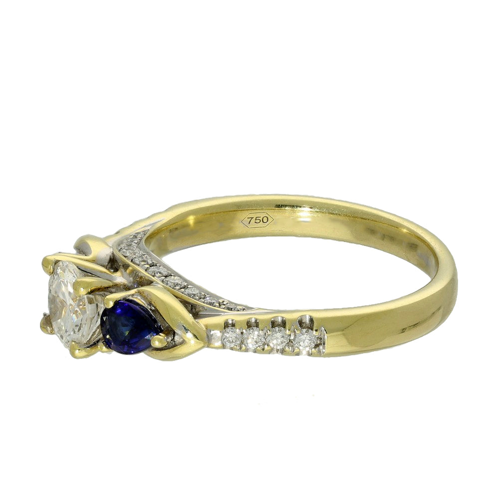 Pre-owned 18ct Yellow Gold Diamond & Teardrop Sapphire Trilogy Ring