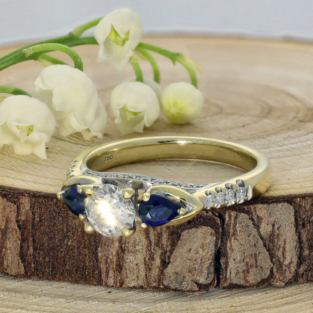 Pre-owned 18ct Yellow Gold Diamond & Teardrop Sapphire Trilogy Ring