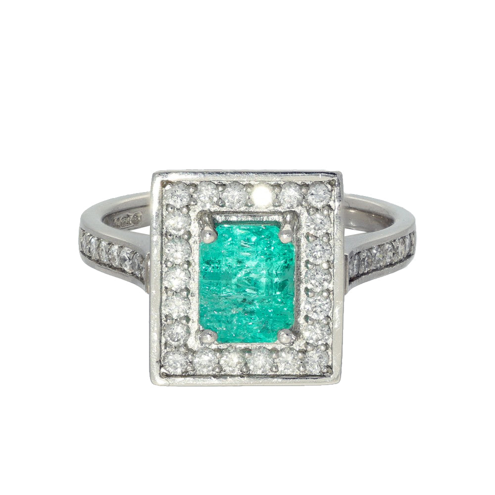 Platinum Emerald & Diamond Square Halo Cocktail Ring