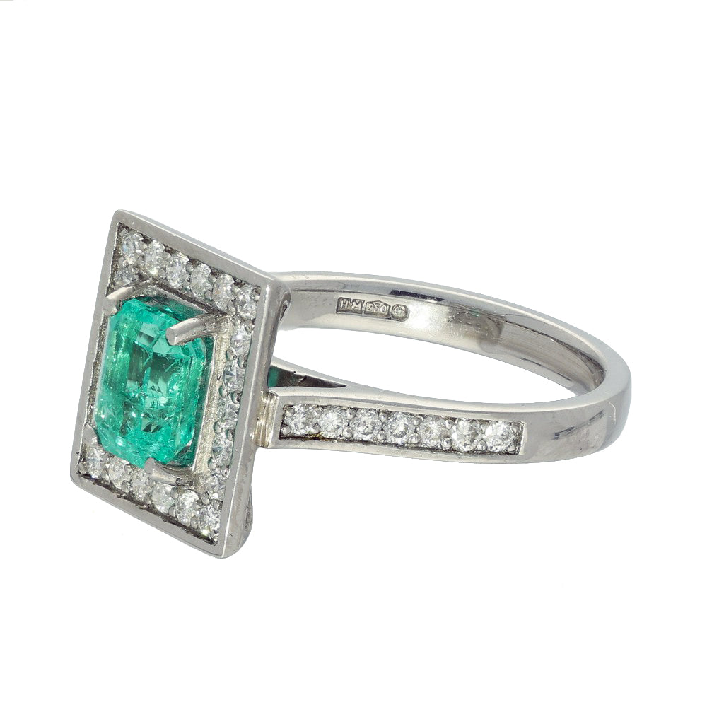 Platinum Emerald & Diamond Square Halo Cocktail Ring