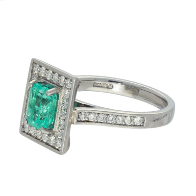 Platinum Emerald & Diamond Square Halo Cocktail Ring