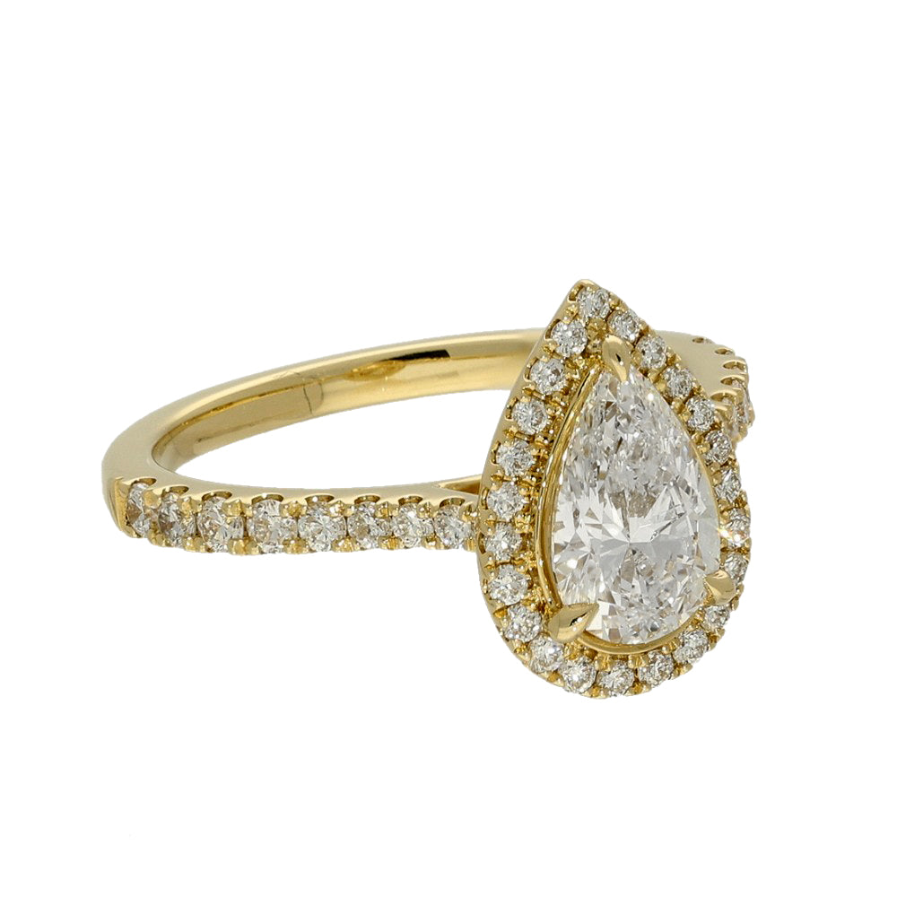 18ct Yellow Gold Laboratory-Grown 1ct Pear Diamond Halo Shoulders Ring