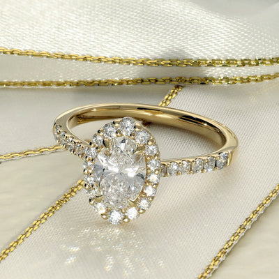 18ct Yellow Gold Laboratory-Grown 1ct Oval Diamond Halo Shoulders Ring
