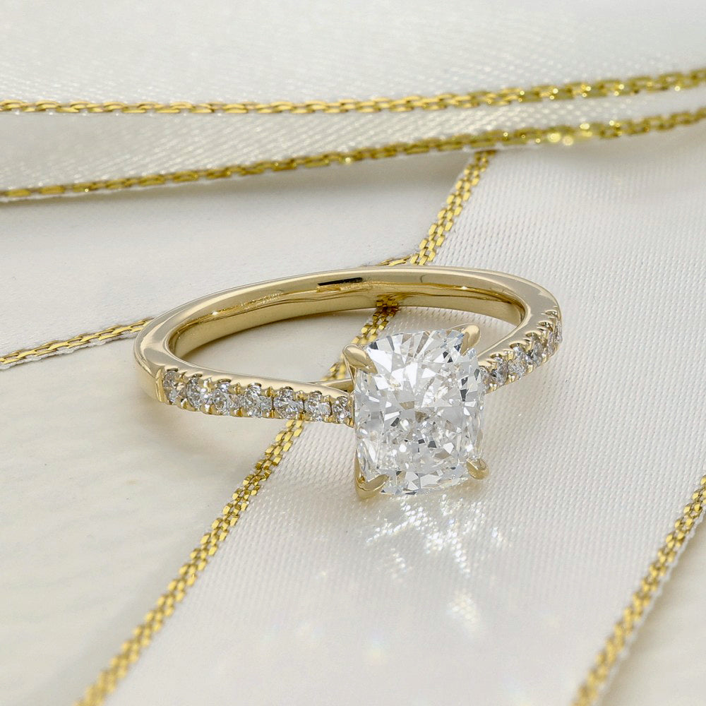 18ct Yellow Gold Laboratory-Grown 1.50ct Cushion Cut Diamond Solitaire Shoulders Ring