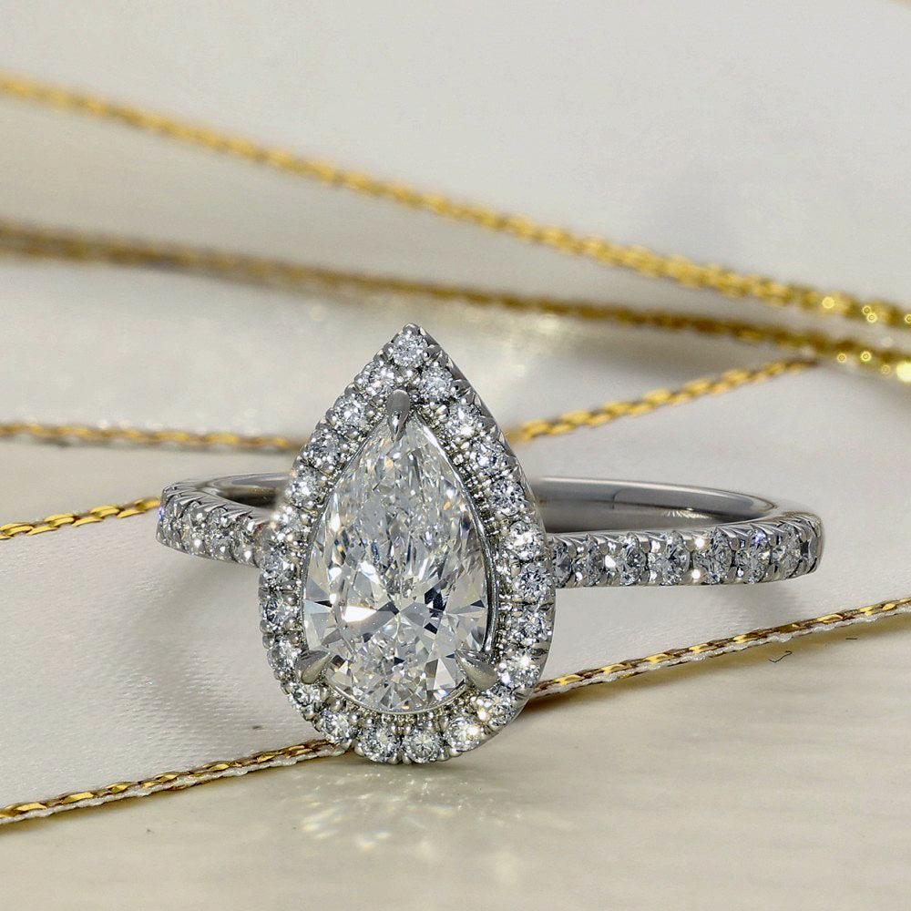 Platinum Laboratory-Grown 1ct Pear Diamond Halo Shoulders Ring