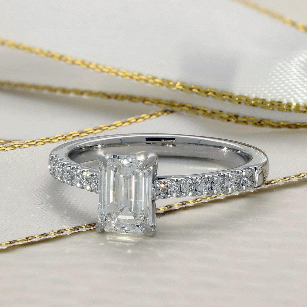 Platinum Laboratory-Grown 1ct Emerald Cut Diamond Solitaire Shoulders Ring