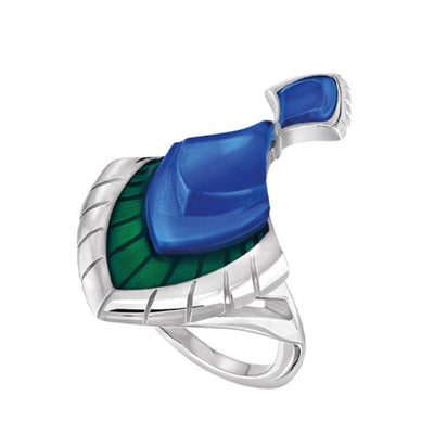 Lalique Peacock Paon Ring - Blue Crystal, Green Lacquer & Silver 10736100