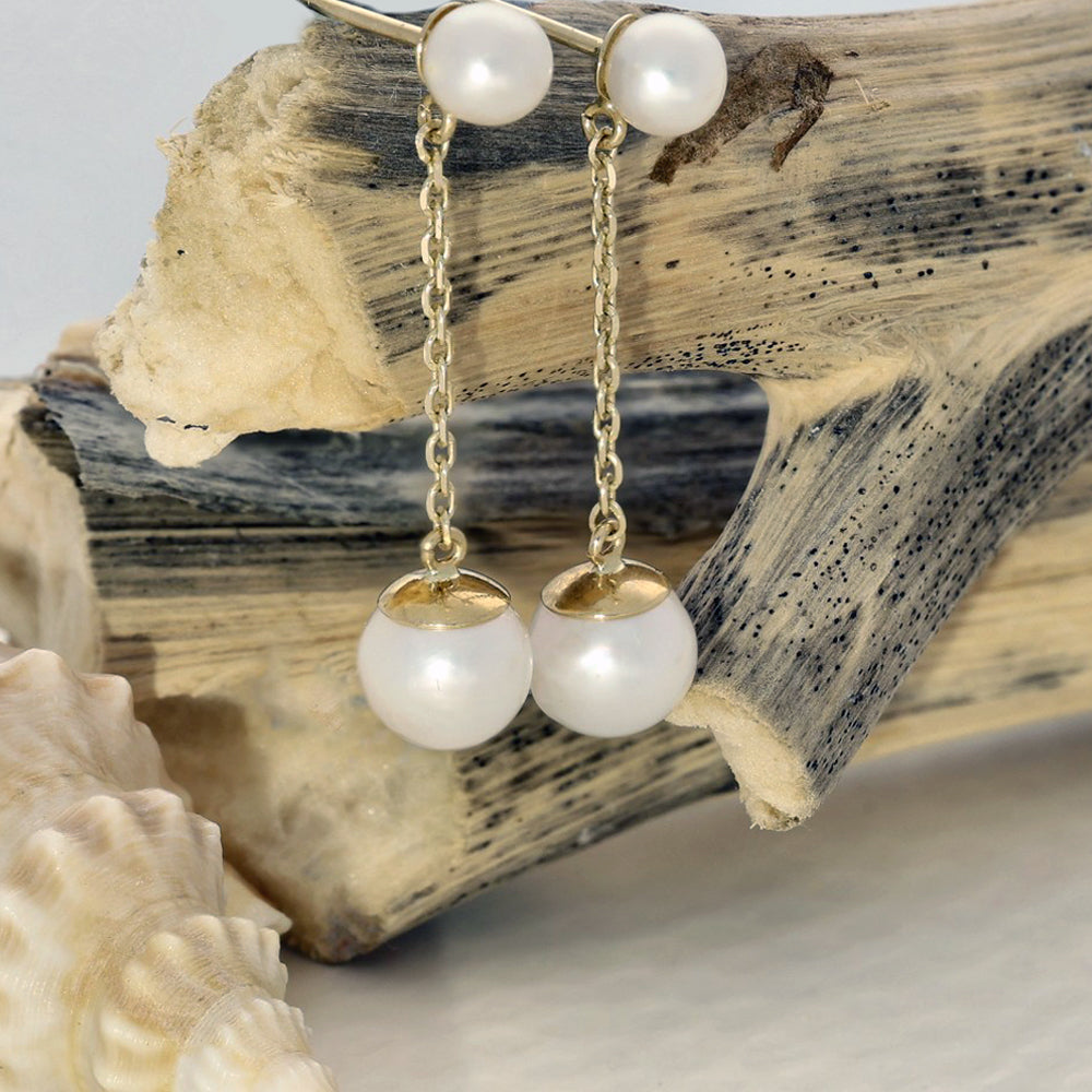 9ct Yellow Gold Freshwater Pearl Chain Drop Earrings