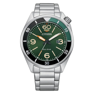 Men's Citizen Eco-Drive Sport 44mm Green Dial Steel Watch, AW1718-88X