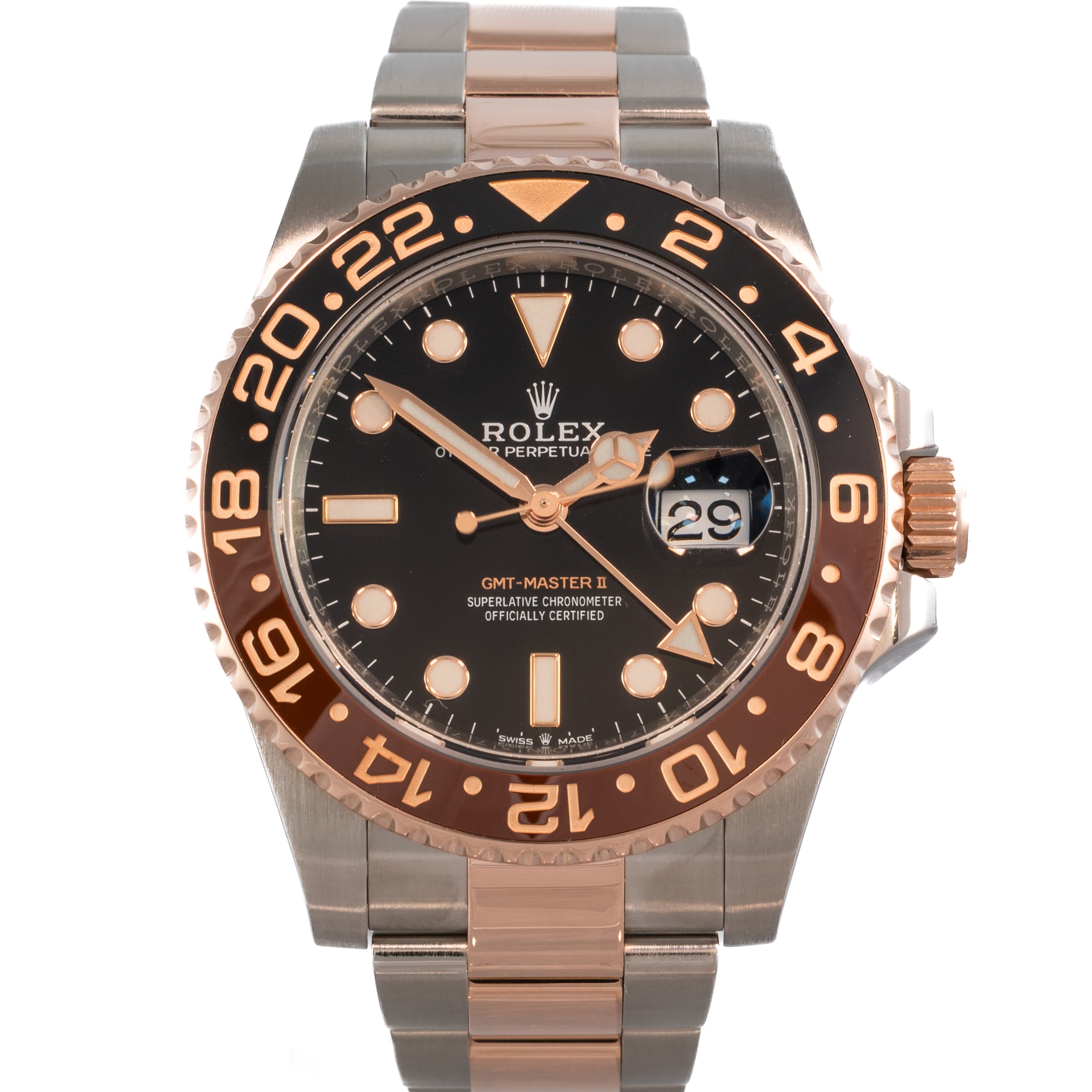 Rolex watch with rose gold and black dial on a white background