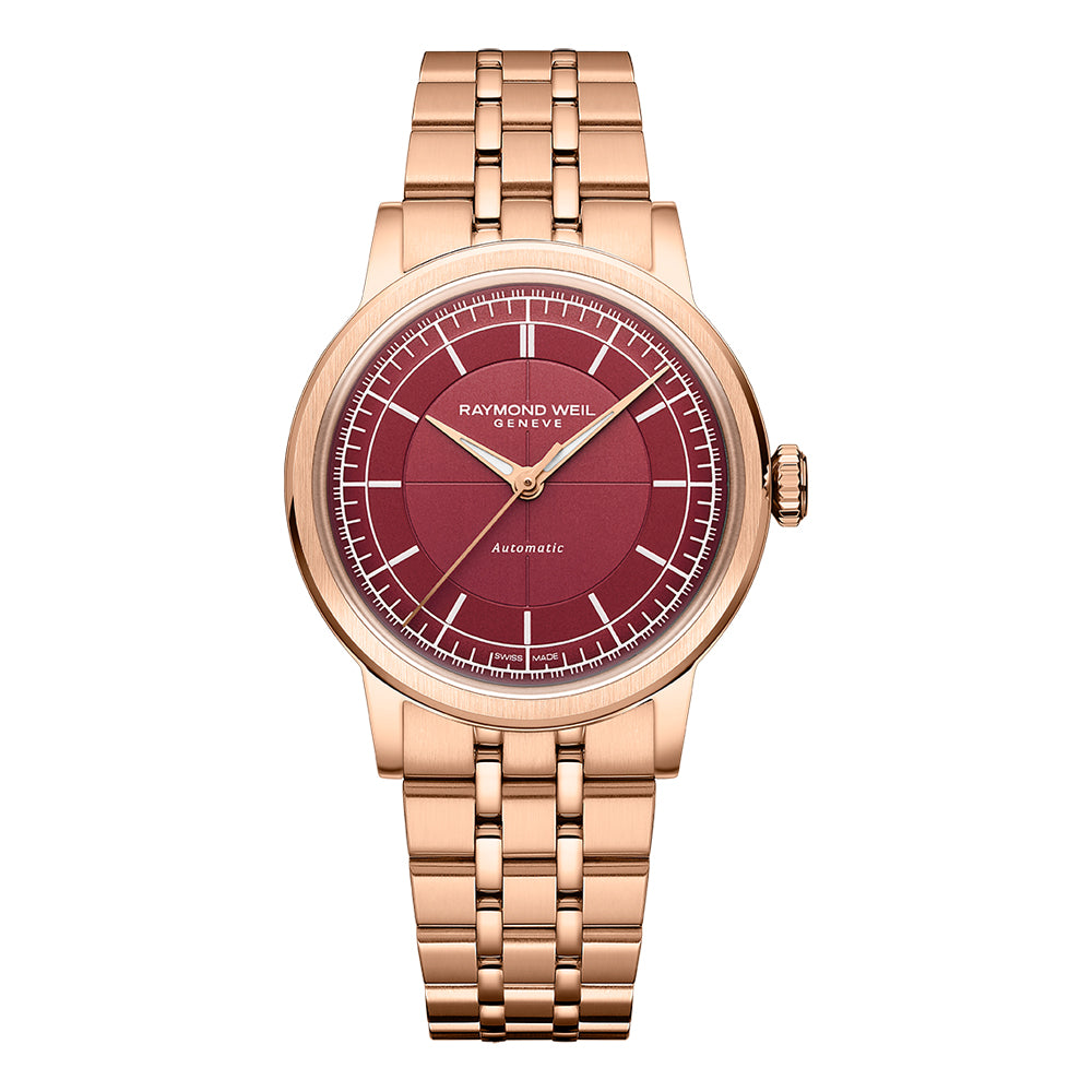 Raymond Weil Millesime Central Seconds Burgundy Dial Rose Gold PVD Watch 2125-P5-45001