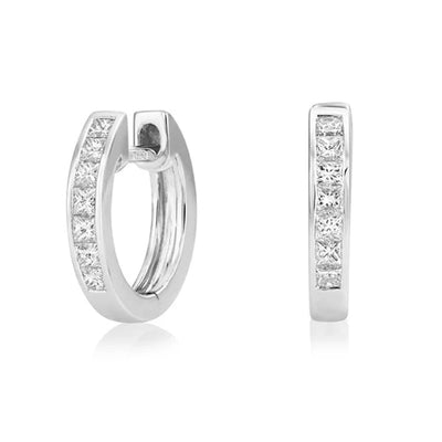 18ct White Gold Small Princess Cut Diamond Huggie Hoop Earrings 11mm