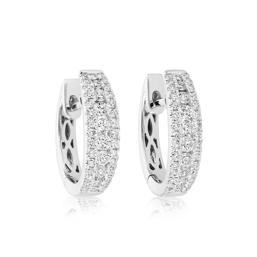 18ct White Gold 3-Row Diamond Huggie Hoop Earrings 13mm