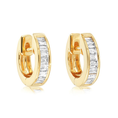 18ct Yellow Gold Small Baguette Cut Diamond Huggie Hoop Earrings 11mm