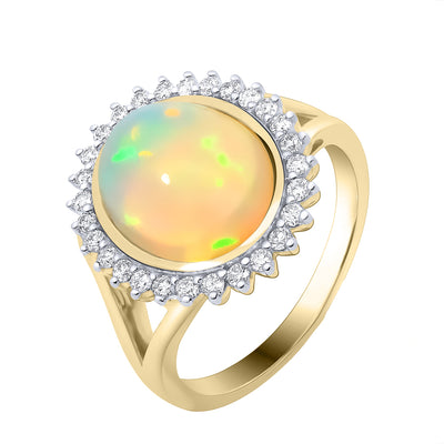 9ct Yellow Gold Opal & Diamond Large Halo Ring