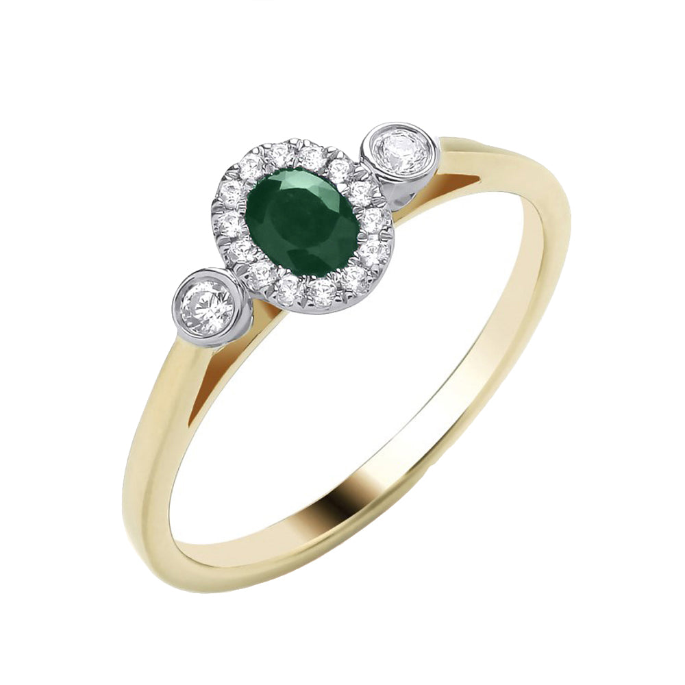 9ct Yellow Gold Emerald & Diamond Halo Trilogy Ring